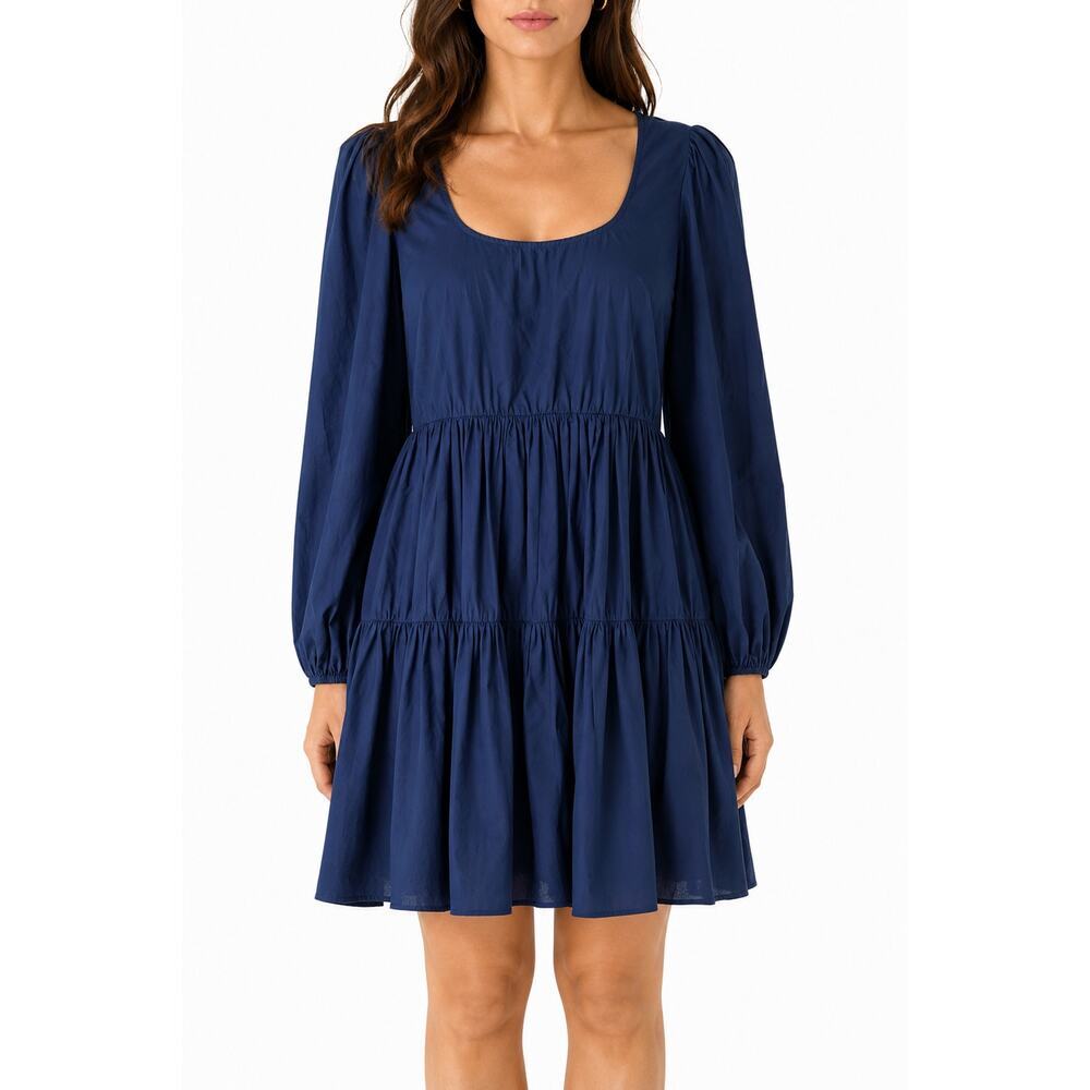 Rhode Quinn Dress Navy Cotton Tiered Puff Sleeve Mini Dress Size 6